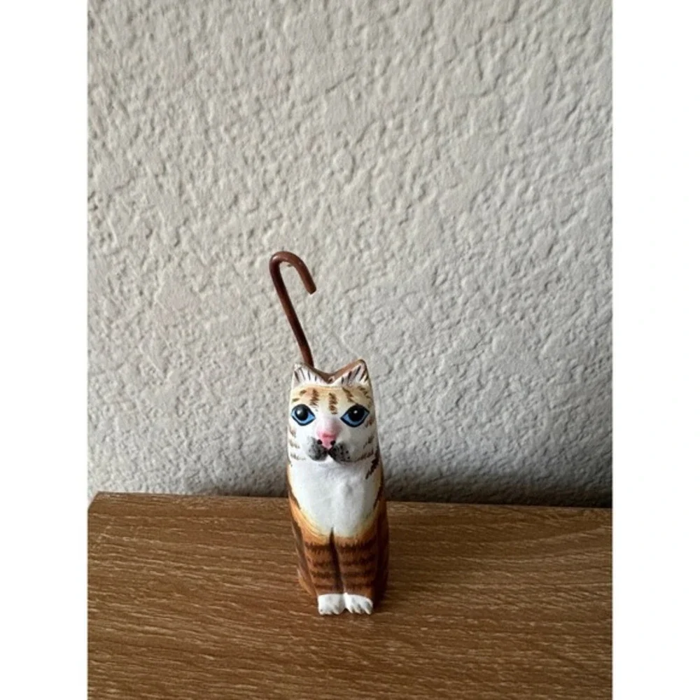 Hand-Carved Wooden Cat Figurine‎ - Whimsical Folk Art Decor - Long Tail Striped